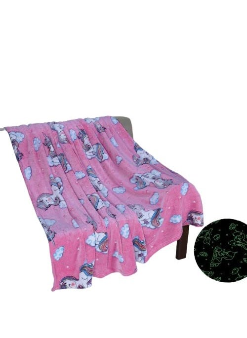 Happy Hues Glow in The Dark Blanket Dreamy Unicorn 200 x 152cm 80 x 60 inch Gifts for Toddler KidsTeen Girls Bedroom Decor Travel Lightweight Luminous Throw Blanket Pink