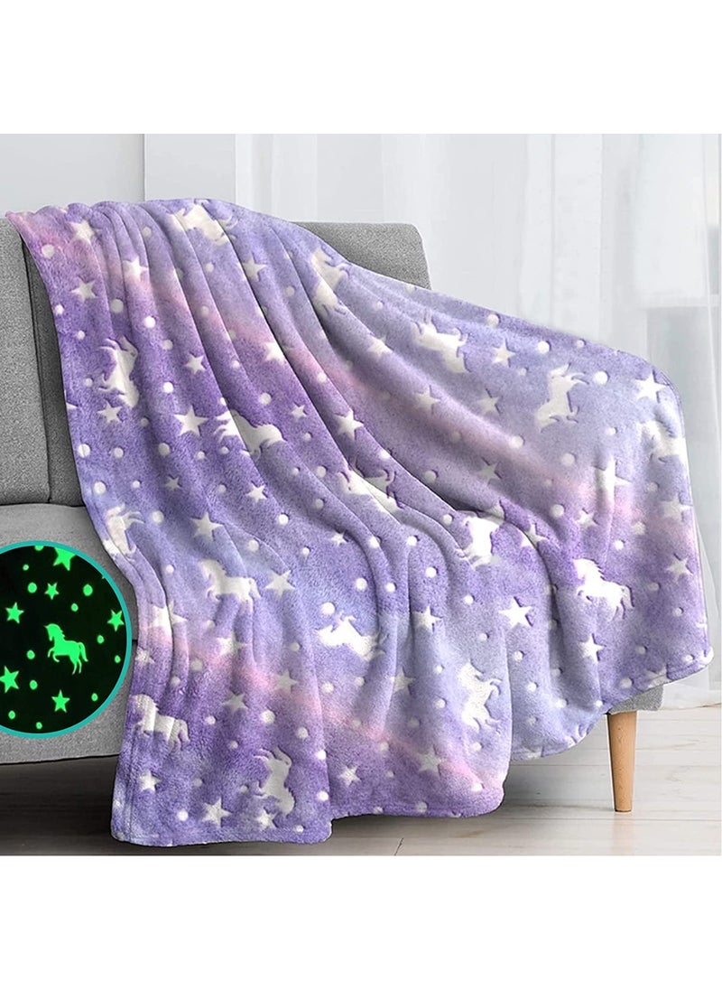 Happy Hues Glow in The Dark Blanket Purple Unicorn Bedroom Decor Gifts for Toddler KidsTeens Boys Girls Travel Lightweight Throw Blankets Soft Cozy Fluffy 200 x 150 cm