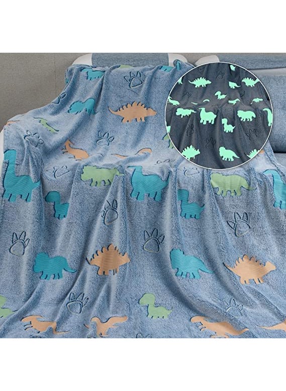 Happy Hues Glow in The Dark Blanket Dinosaur 70 x 60 inch 180cm x 152cm Gifts for Toddler KidsTeens Boys Girls Travel Lightweight Throw Blankets Soft Cozy Fluffy Blue Polyester TC 230