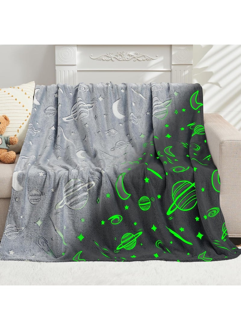 Glow in the Dark Moon and Stars Printed Fleece Throw Blanket All Season Multipurpose Polar Printed Assorted Multicolor Light Weight Blanket Single Bed for Kids150 x 200 cm Grey Space grey