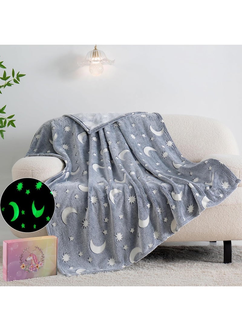 Glow in the Dark Moon and Stars Printed Fleece Throw Blanket All Season Multipurpose Polar Printed Assorted Multicolor Light Weight Blanket Single Bed for Kids150 x 200 cm Grey Grey moon