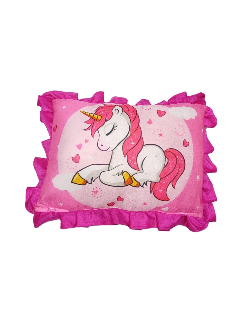 NISHOMES Unicorn Design Frill Boundry Velvet Cartoon Design Printed Kids Pillow Fiber Filled Size 14x20 Inches Pink