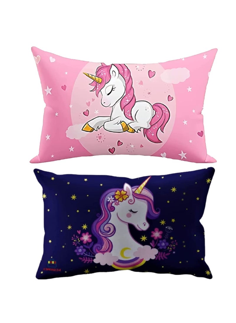 NISHOMES Velvet Unicorn Design Printed Kids Cartoon Pillow Fiber Filled Size 12x18 Inches Pink and Blue Pack of 2