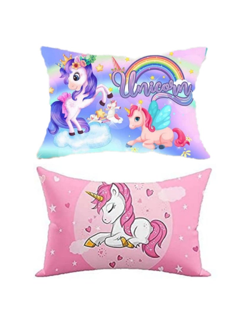 NISHOMES 2 Unicorn Design Printed Kids Cartoon PillowCushion Fiber Filled Size 12x18 Inches Pink Pack of 2