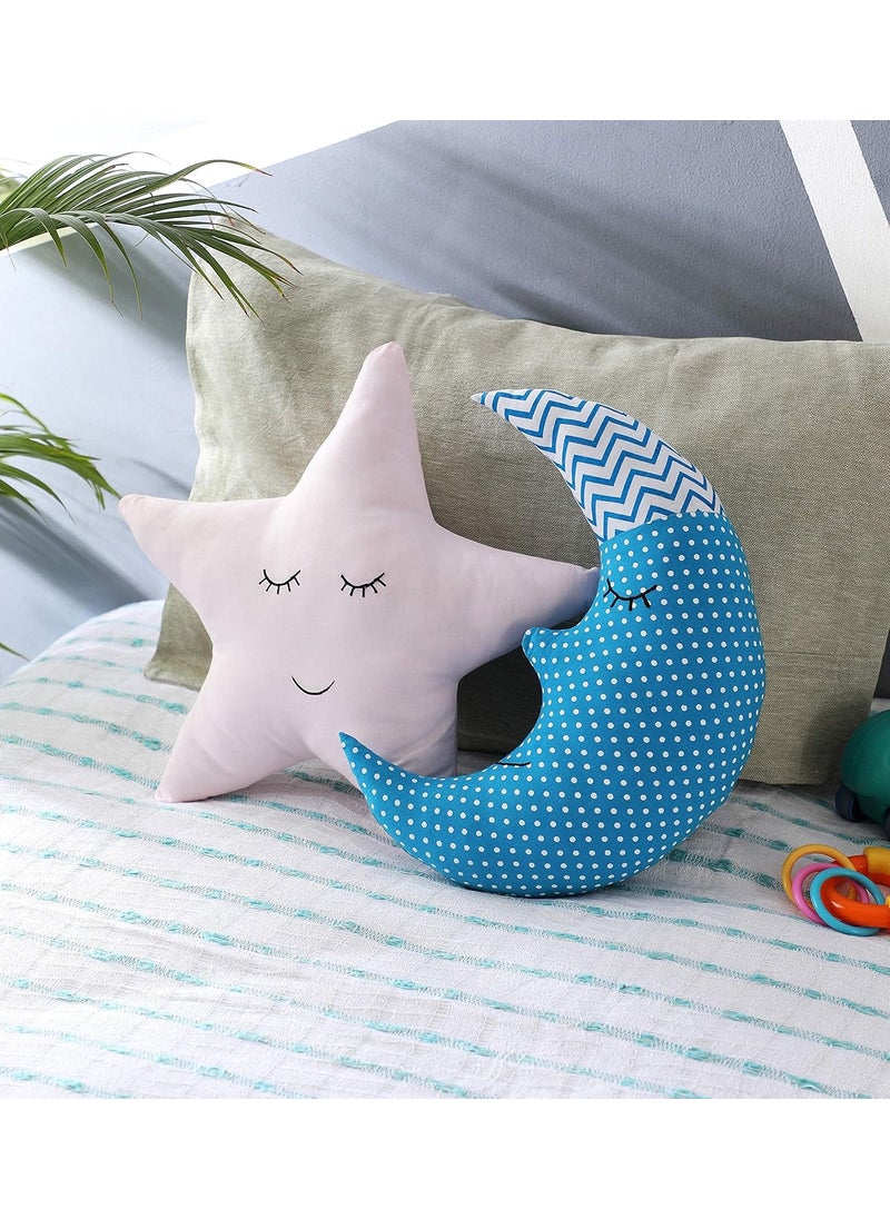 Oscar Home Moon and Star Cushion for Kids Nursery Living Room Bedroom Soft Toy Filled Micro Fiber Set of 2 Blue and White Cotton