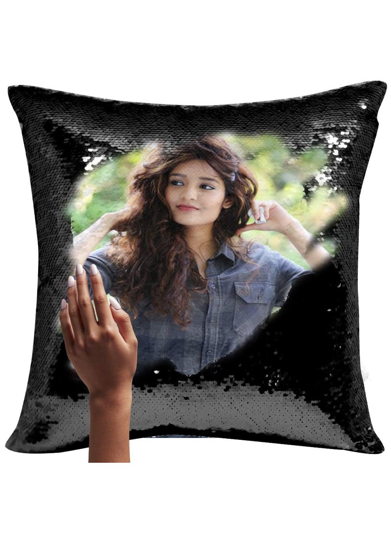 cuddlyprint Polyester Personalized Photo Magic Gifting Cushion for All Occasions with Photo Black 16x16 Inches