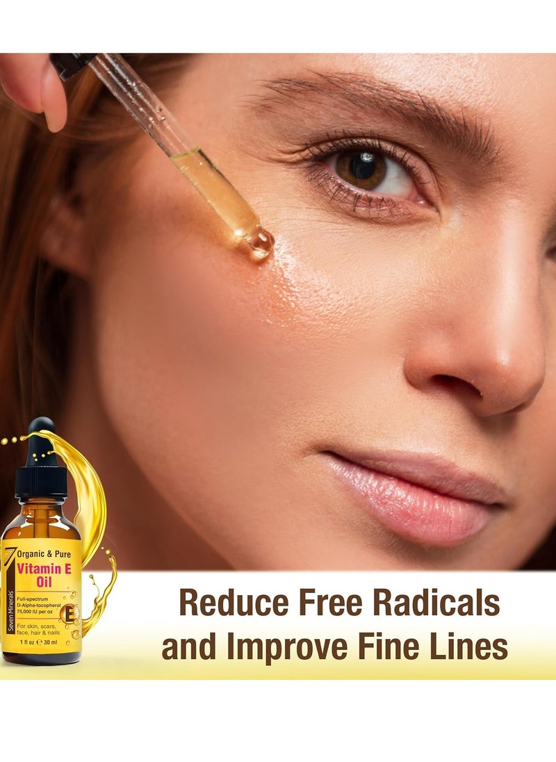 Seven Minerals NEW Ultra Pure Vitamin E Oil - 75,000 IU Full-Spectrum D-Alpha Tocopherol, 1 Fl Oz - 100% Organic Vitamin E Oil for Skin, Face, Hair, and Scars - Naturally Occurring = Not Synthetic