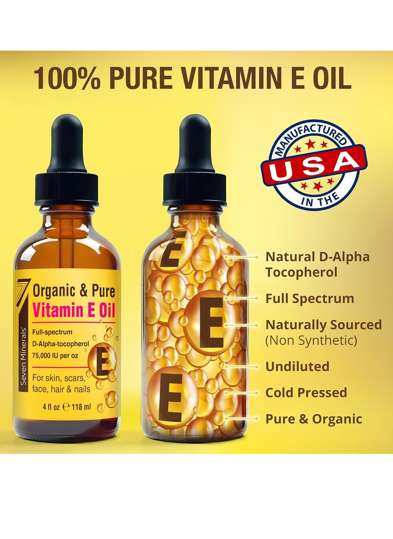 Seven Minerals NEW Ultra Pure Vitamin E Oil - 75,000 IU Full-Spectrum D-Alpha Tocopherol, 1 Fl Oz - 100% Organic Vitamin E Oil for Skin, Face, Hair, and Scars - Naturally Occurring = Not Synthetic