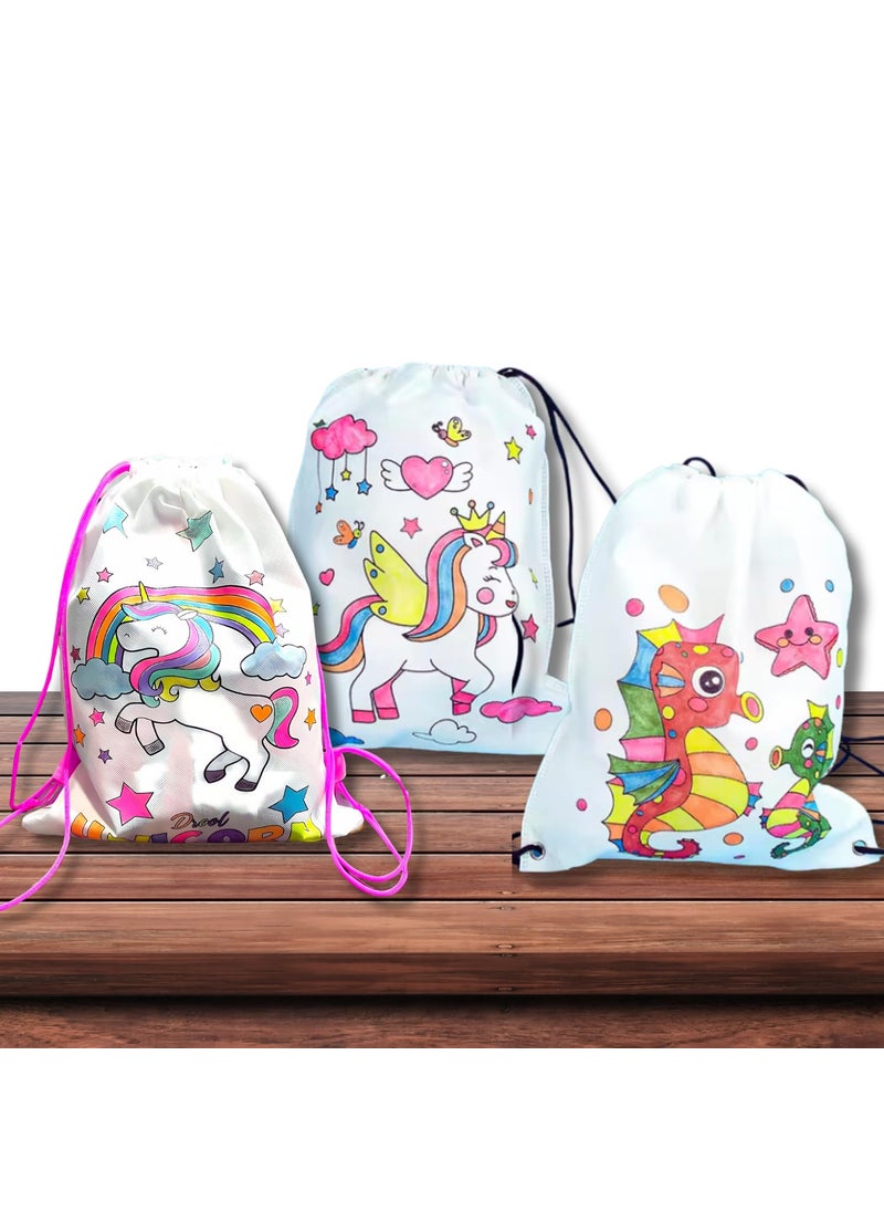 IncyWincy DIY Drawstring Haversack Dori Bag Cartoon Print Washable Reusable Drawstring Backpack for kids Birthday Return Gift for Boys and Girls Assorted