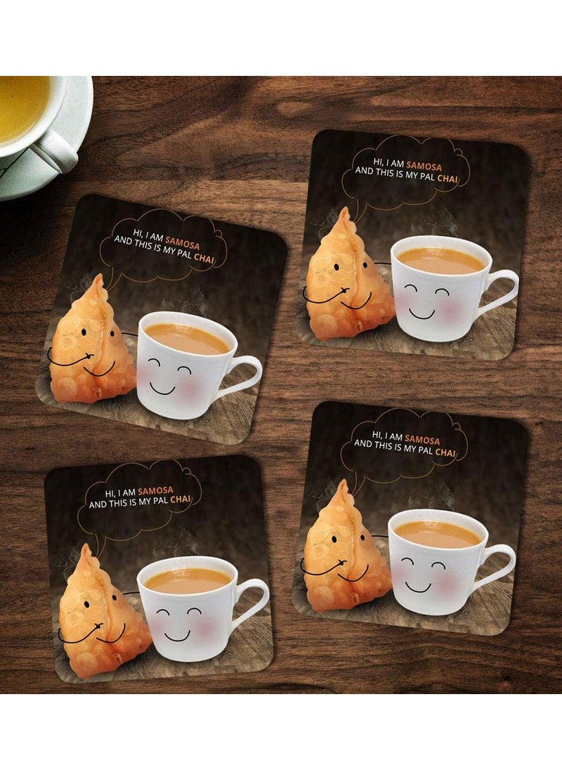 ASHVAH Hi I am samosa and This is My pal chai PrintTypography TeaCoffee MugDesigner Handmade Wooden Coaster Set for Home Kitchen Office Desk Set of 4 Square 10cm