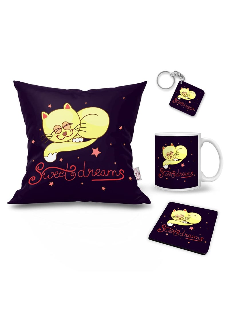 K1Portal Sweet Dreams Design Printed 12 x 12 Cushion Cover with Filler Printed White Coffee Mug Birthday Key Chain Combo Pillow Mug Keychain Coaster