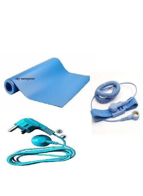 Sky ESD Safe Anti Static PVC VINYL 2 Layer 15 mm Thick Table Mat Blue with 4 Corner Button Wrist Band B to B Earthing Grounding Cord 3 Pin plug All Set Size 1X1 FT
