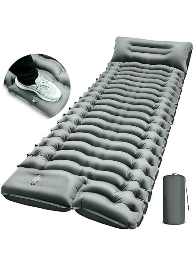 Camping Sleeping Pad, Ultralight Camping Pad with Pillow, Built-in Foot Pump, Inflatable Sleeping Pad, Compact Size for Camping, Backpacking, Hiking and Traveling - Gray, Single, Grey