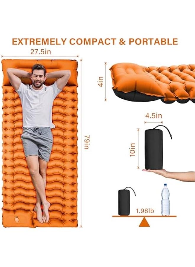 Camping Sleeping Pad, Ultralight Camping Mat with Pillow, Integrated Foot Pump Inflatable Sleeping Mat, Compact Size for Camping, Backpacking, Hiking - Orange
