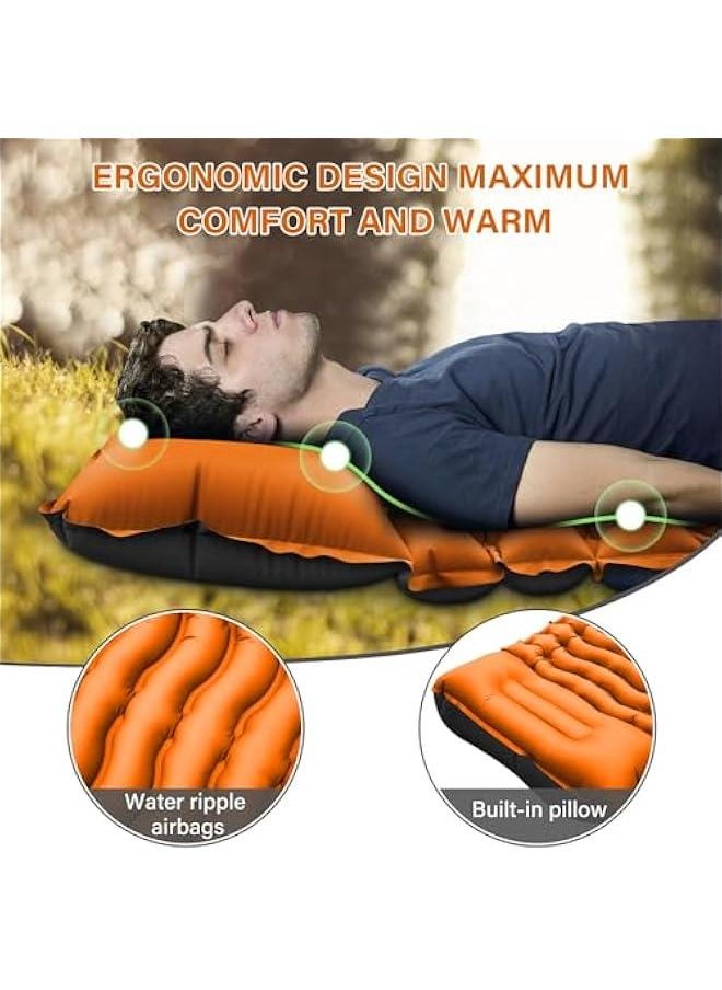 Camping Sleeping Pad, Ultralight Camping Mat with Pillow, Integrated Foot Pump Inflatable Sleeping Mat, Compact Size for Camping, Backpacking, Hiking - Orange