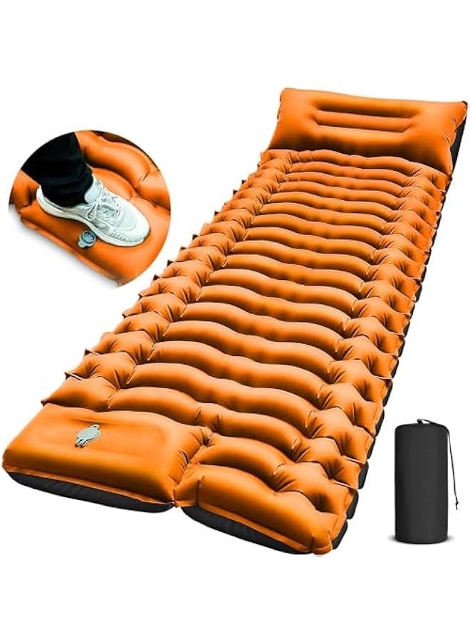 Camping Sleeping Pad, Ultralight Camping Mat with Pillow, Integrated Foot Pump Inflatable Sleeping Mat, Compact Size for Camping, Backpacking, Hiking - Orange