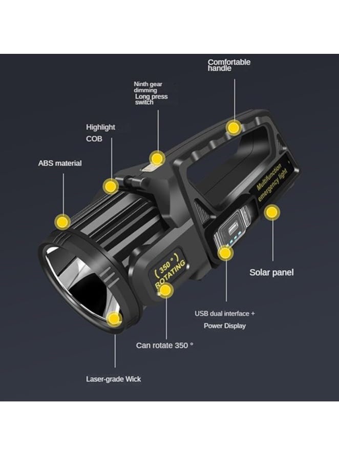QLIGHT Rechargeable Spotlight Outdoor Handheld, 2,000,000 Lumens Led Spot Light Flashlight with Solar Panels, 9 Modes Waterproof Handheld Spot Light for Outdoor Marine Boating Hunting