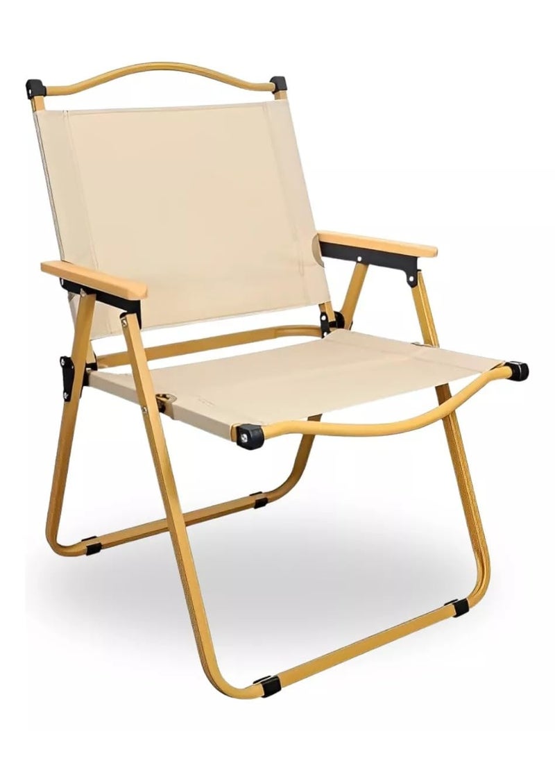 Garden Art Folding Portable Metal Camping Chair with Wooden Armset GAFCB14917 HIgh Back Reclining Outdoor Chair for CampingFishing Picnic Light Weight Easy to Fold and Carry Khaki Medium