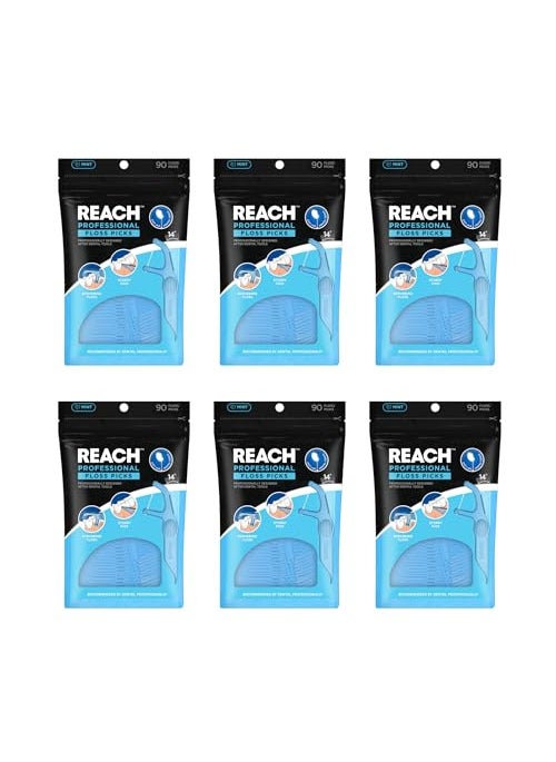 REACH Dental Floss Picks, Mint, Plaque Remover for Teeth, for Hard to Reach Areas, Easy Grip Handle, Comfortable Multi-Use Flosser for Adults, Oral Care, PFAS Free, 6 Pack, 90 Count