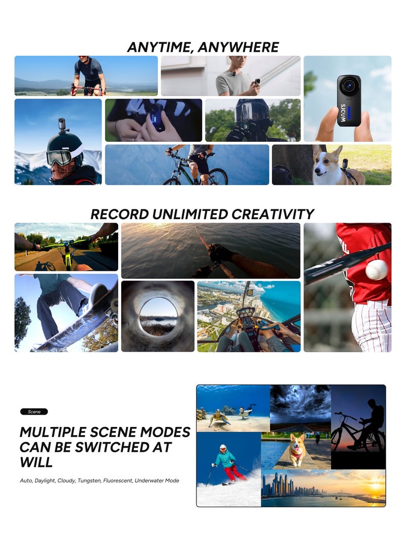4K Action Camera, Pocket Cam, Stabilization, Waterproof, Mini Helmet Camera,170° FOV, Suitable for Vlogging and Web Cam, Built-in Speaker&Mic, with Helmet Mount Kits, 64G Card, Black
