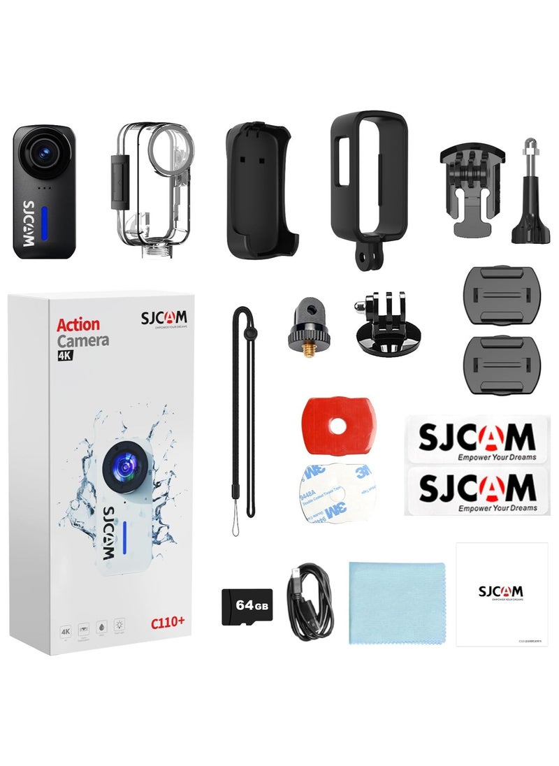 4K Action Camera, Pocket Cam, Stabilization, Waterproof, Mini Helmet Camera,170° FOV, Suitable for Vlogging and Web Cam, Built-in Speaker&Mic, with Helmet Mount Kits, 64G Card, Black