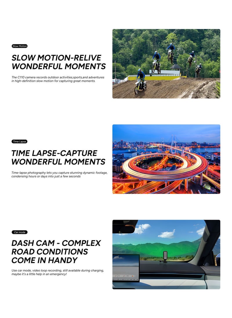 4K Action Camera, Pocket Cam, Stabilization, Waterproof, Mini Helmet Camera,170° FOV, Suitable for Vlogging and Web Cam, Built-in Speaker&Mic, with Helmet Mount Kits, 64G Card, Black