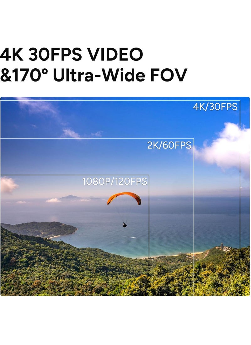 4K Action Camera, Pocket Cam, Stabilization, Waterproof, Mini Helmet Camera,170° FOV, Suitable for Vlogging and Web Cam, Built-in Speaker&Mic, with Helmet Mount Kits, 64G Card, Black