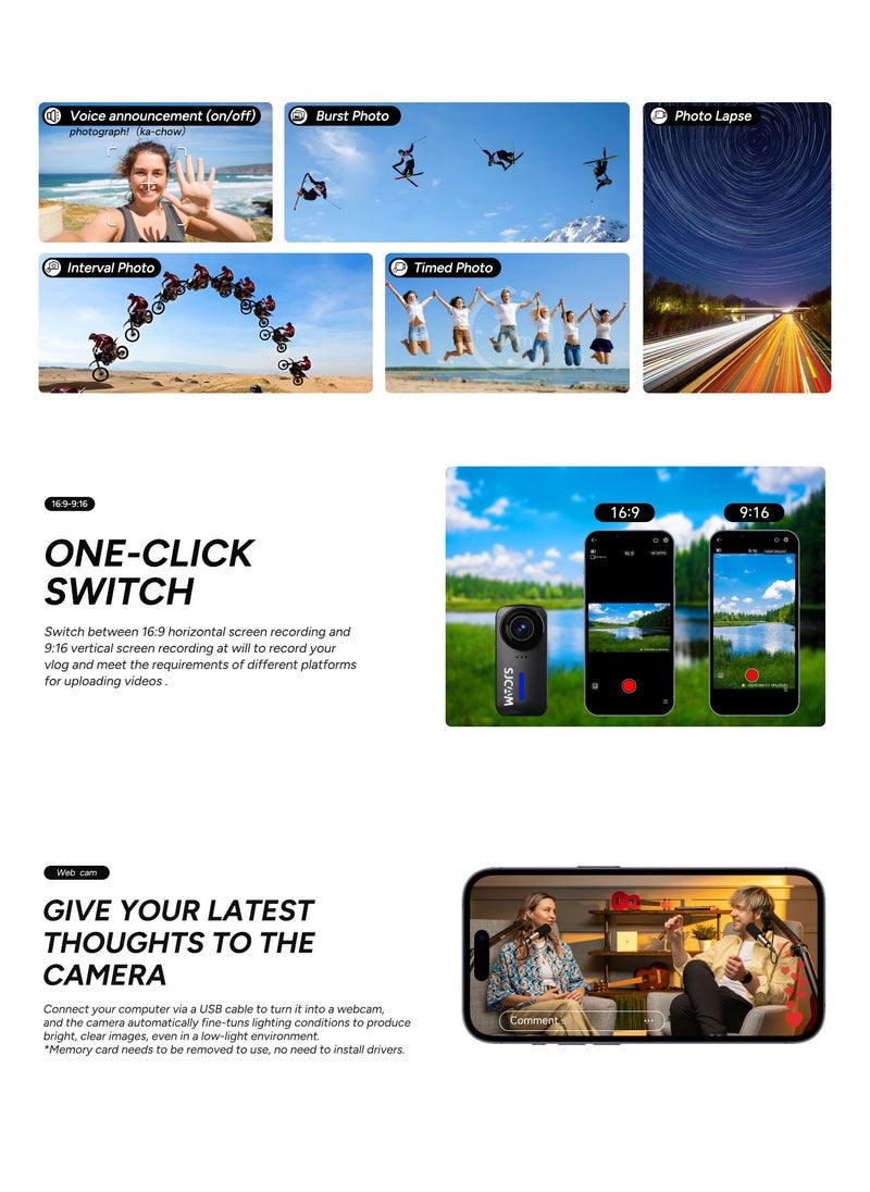 4K Action Camera, Pocket Cam, Stabilization, Waterproof, Mini Helmet Camera,170° FOV, Suitable for Vlogging and Web Cam, Built-in Speaker&Mic, with Helmet Mount Kits, 64G Card, Black