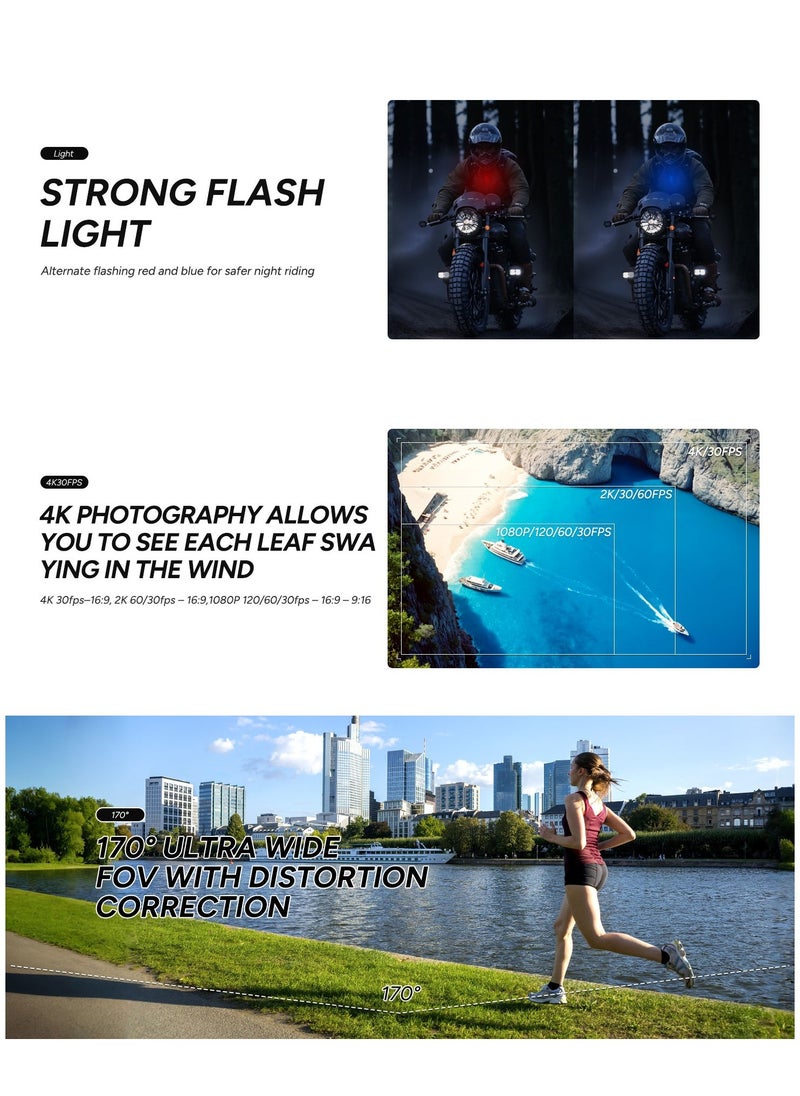 4K Action Camera, Pocket Cam, Stabilization, Waterproof, Mini Helmet Camera,170° FOV, Suitable for Vlogging and Web Cam, Built-in Speaker&Mic, with Helmet Mount Kits, 64G Card, Black