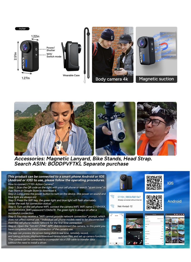 4K Action Camera, Pocket Cam, Stabilization, Waterproof, Mini Helmet Camera,170° FOV, Suitable for Vlogging and Web Cam, Built-in Speaker&Mic, with Helmet Mount Kits, 64G Card, Black