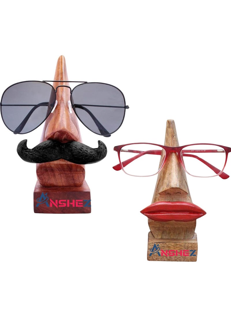 ANSHEZ Wooden Brown Handcrafted Nose Shaped Goggle SpectacleSpecs Holder Eye Glass Holder Stand Wooden Sunglasses Holder Black Mustache and Red Lips