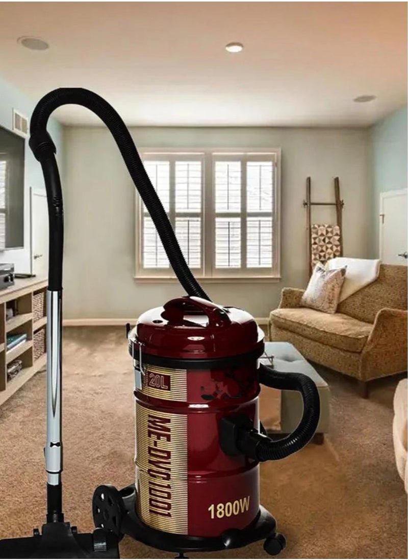Heavy-Duty Drum Vacuum Cleaner 1800W | 20L Steel Tank | Strong Suction Vacuum | Filter Dust System | Includes Floor, Dusting & Suction Nozzles