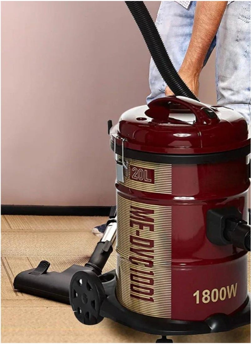 Heavy-Duty Drum Vacuum Cleaner 1800W | 20L Steel Tank | Strong Suction Vacuum | Filter Dust System | Includes Floor, Dusting & Suction Nozzles