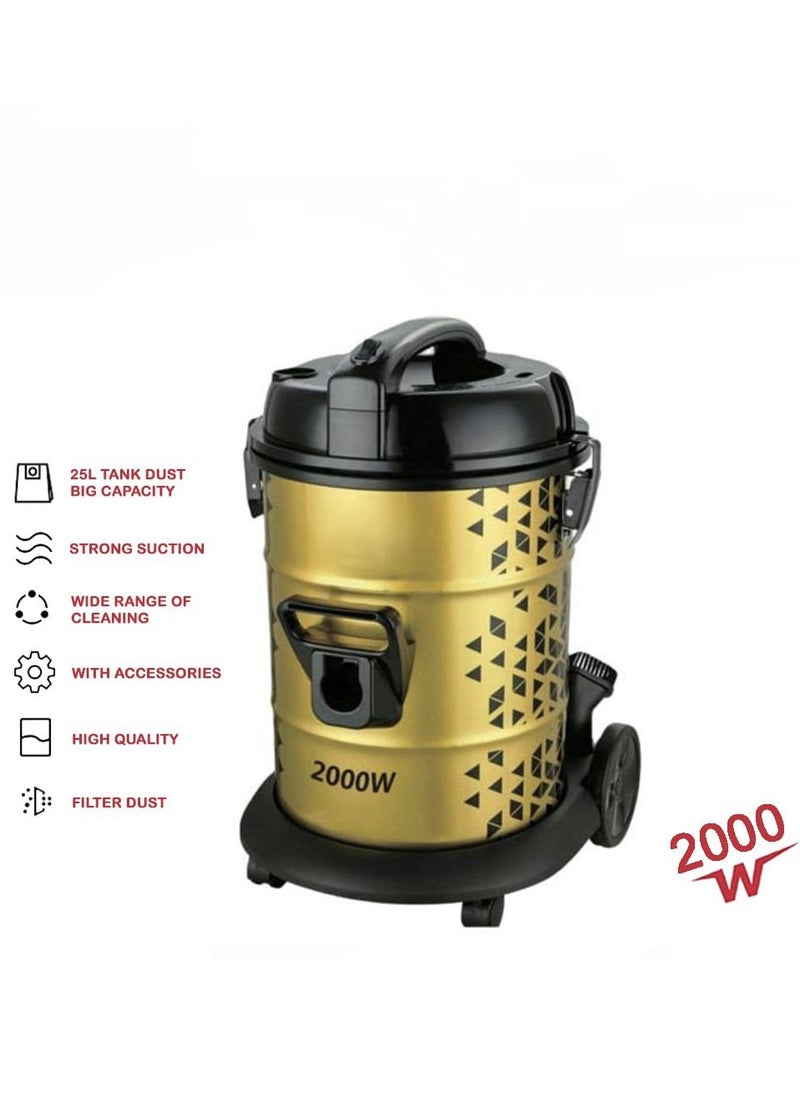 Powerful Drum Vacuum Cleaner 2000W | 25L Vacuum with Cyclone System | Washable HEPA Filter | Includes Floor Nozzle, Dusting Nozzle, Flat Suction Nozzle