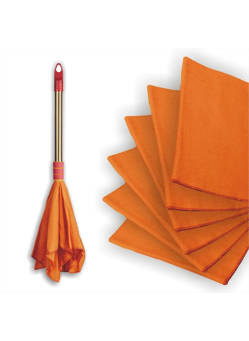Vimal Golden Handle Duster Dust Mop 1 pc and High Density Dust Cleaning Flannel Cloths 6 pcs Combo Set