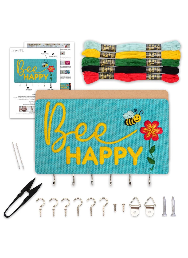 picknMAKE DIY Embroidery Keychain Holder Kit Stitch Bee Happy Design on Stiff Fabric Assemble on MDF Panel Create a Personalized WallMounted Key Organizer with Hooks Hinges Complete Tools