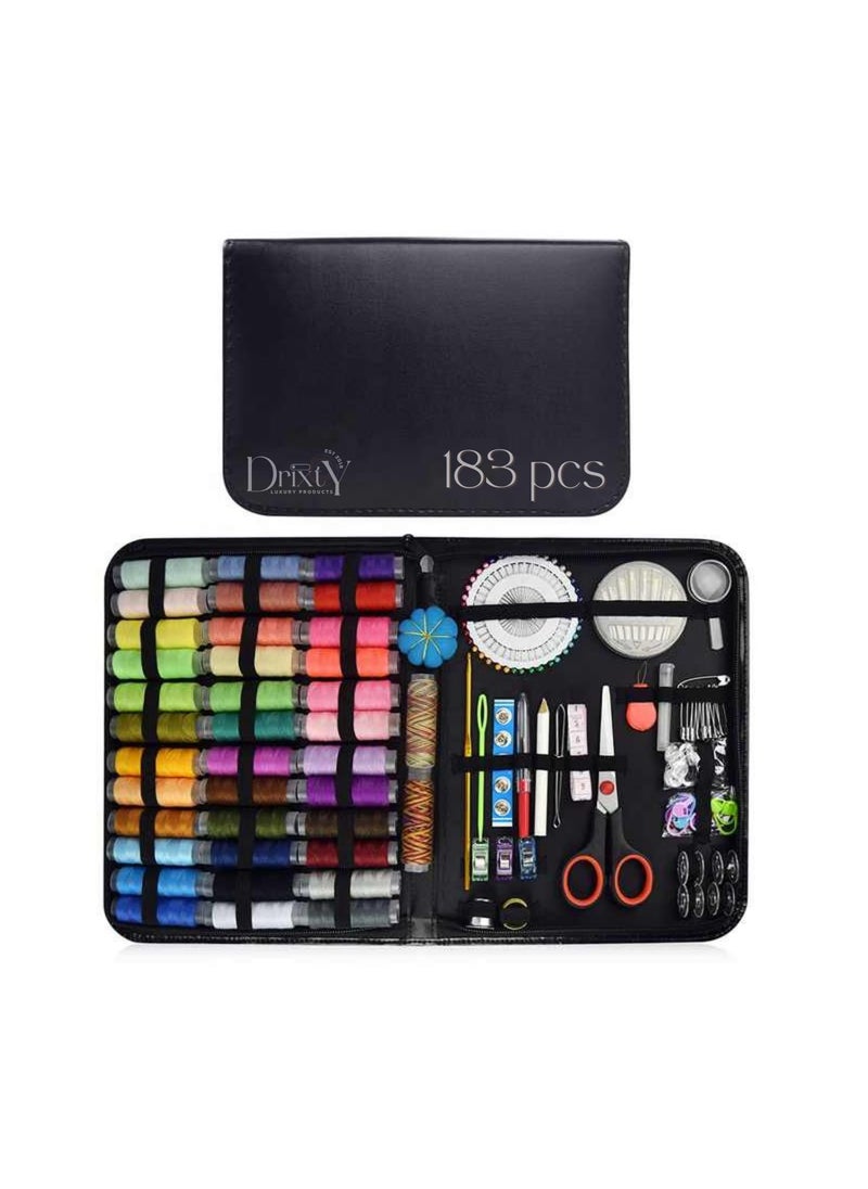 DRIXTY Sewing Kit Bundle 183Piece Handy Set with 38 XL Threads AllinOne Portable Design Featuring Scissors Needles Tape Measure Carrying Case and Essential Accessories Black