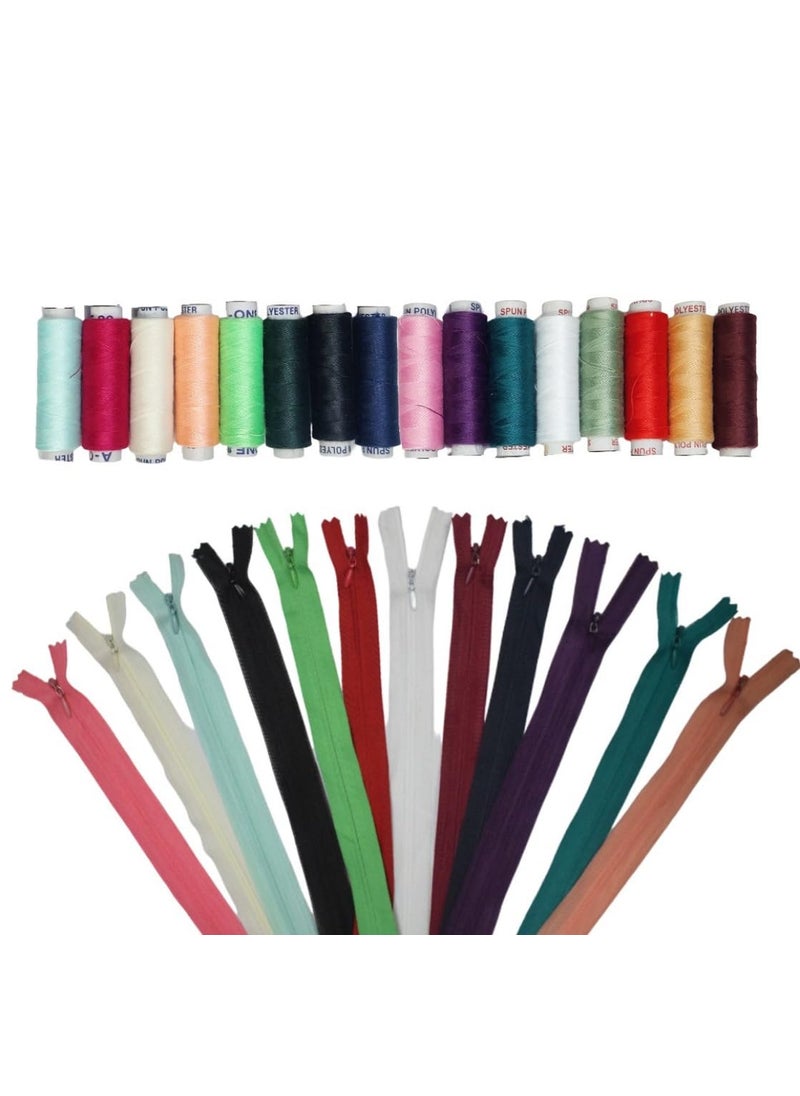 NVR Pack of 12X12 16 inch30cm and Reel 15m Multicolor Zipper and Multicolor Reel Sewing Kit