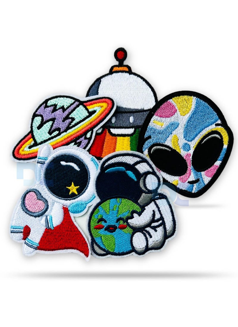 Daily Crafts 5 pc Embroidered Patch Cartoon Space Theme New Winter Collection Cute Sew OnIron On Patch Applique Bag Clothes Applique Dress Hat Jeans Sewing DIY Decoration