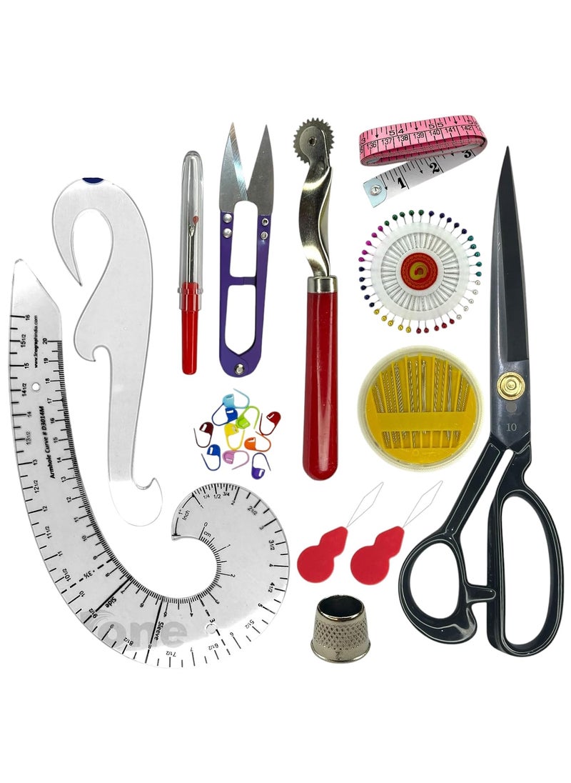 Premium Sewing and Tailoring Tools Set 12 Pieces with French Curve Ruler Scissors Seam Ripper Measuring Tape Pins Needles Thimble