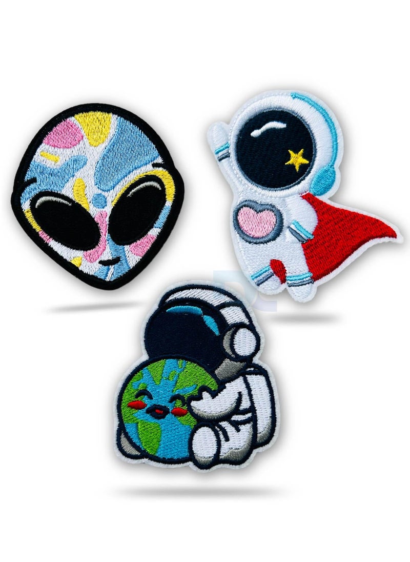 Daily Crafts 3 pcs New Space NASA Astronaut Themed DIY Fabric Repair Patches for Jeans Jackets Hats Iron On Fashion Accessories Pastel Colored Alien Superhero Astronaut And Astronaut Hugging Smiling Earth