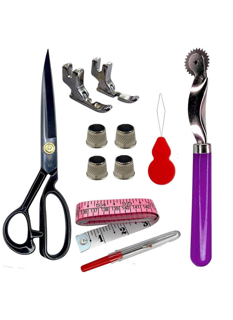 Sewing Kit with Scissor Zipper Boot Set 4 Timbles Tracing Wheel Seam Reaper Inch Tape Needle Threader 10Piece Set