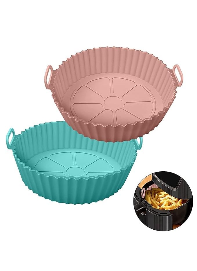 FLOBIQUE Air Fryer Liners I Round Silicone Basket Baking Tray I Pot with Ear Handles I Nonstick Reusable Heat Resistant I Air Fryer Basket I Cooking Oven Insert Accessories MulticolorPack of 2