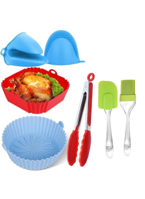 ITUSHA 1 Round 1 Square Air Fryer Package 7 Pack Air Fryer Liners Accessories Silicone BasketsPotsLiners with Oven Mitts Basting Brush and 9 Inch Tongs