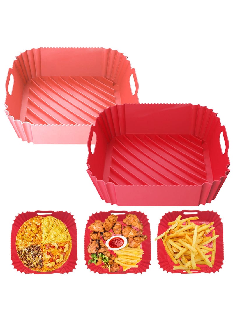 QURAR 2 Pack Air Fryer Silicone Liners Top 8in Bottom 7in Silicone Liners Pot for 4 to 7 QT Reusable Square Food Safe Silicone Basket Replacement of Flammable Parchment Paper Red Pink