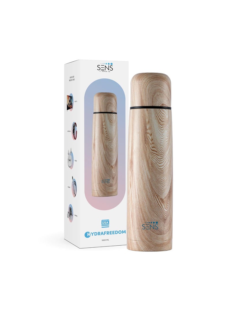 SENS LIFE Hydra Freedom Double Walled Vacuum Insulated Flask Water Bottle with Sling Cover Hot or Cold up to 24 Hours Leak Proof BPA Free Travel Tea Coffee Office 1000ml Wooden Touch
