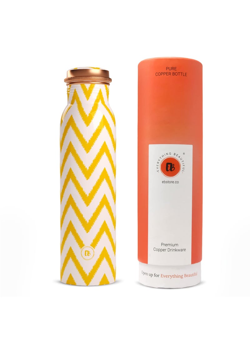 EBEverything Beautiful Pure Copper Water Bottle 1 Litre Leakproof with Yellow Zigzag Printed Design Best Tamba Suitable Birthday Gift for Men Women by ebstore