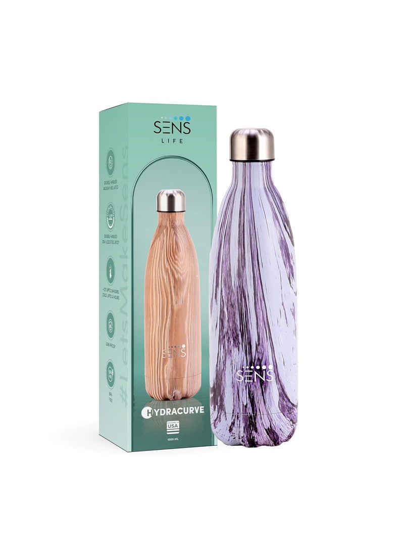 SENS LIFE HydraCurve Stainless Steel Bottle Hot or Cold up to 24 Hours Leak Proof BPA Free EcoFriendly Travel Office Home 1000ml Violet Veins