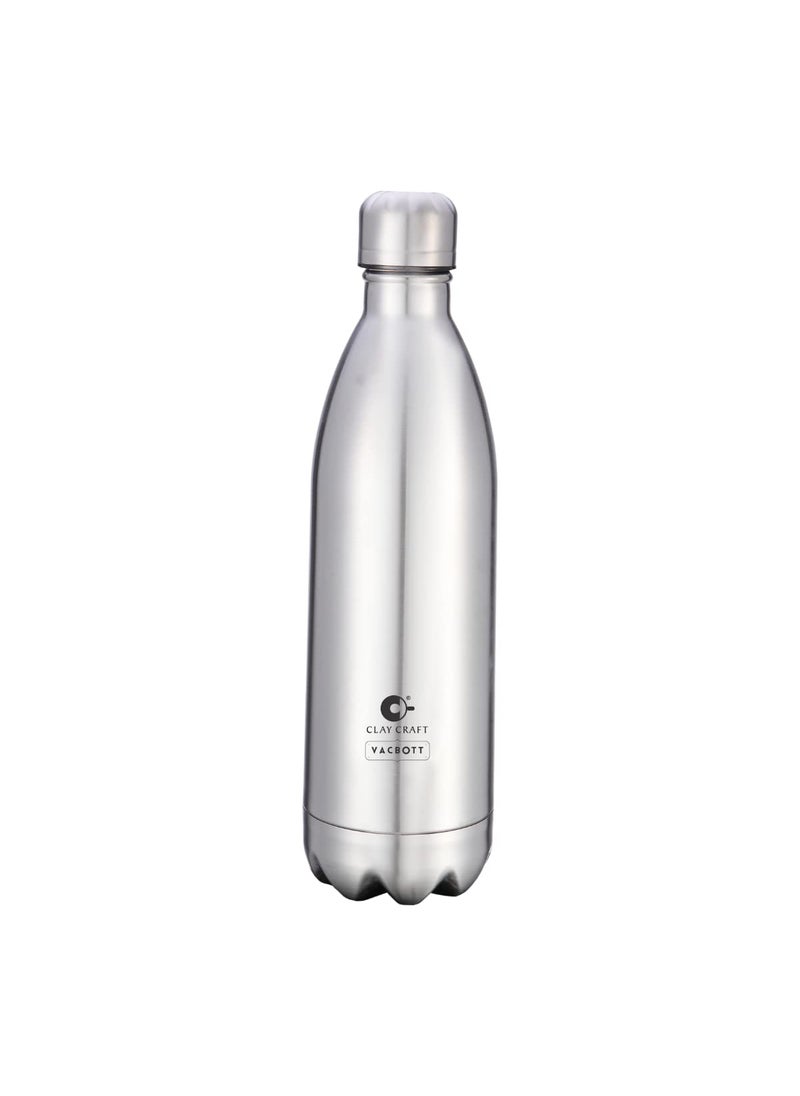 Clay Craft Vacbott Vaccum Bottle 1000ml Stark Double Walled 24 Hours Hot and Cold Water Bottle 1 Piece 1 Litre Silver Leak Proof Office Bottle Gym Home Kitchen 1000 ml Silver