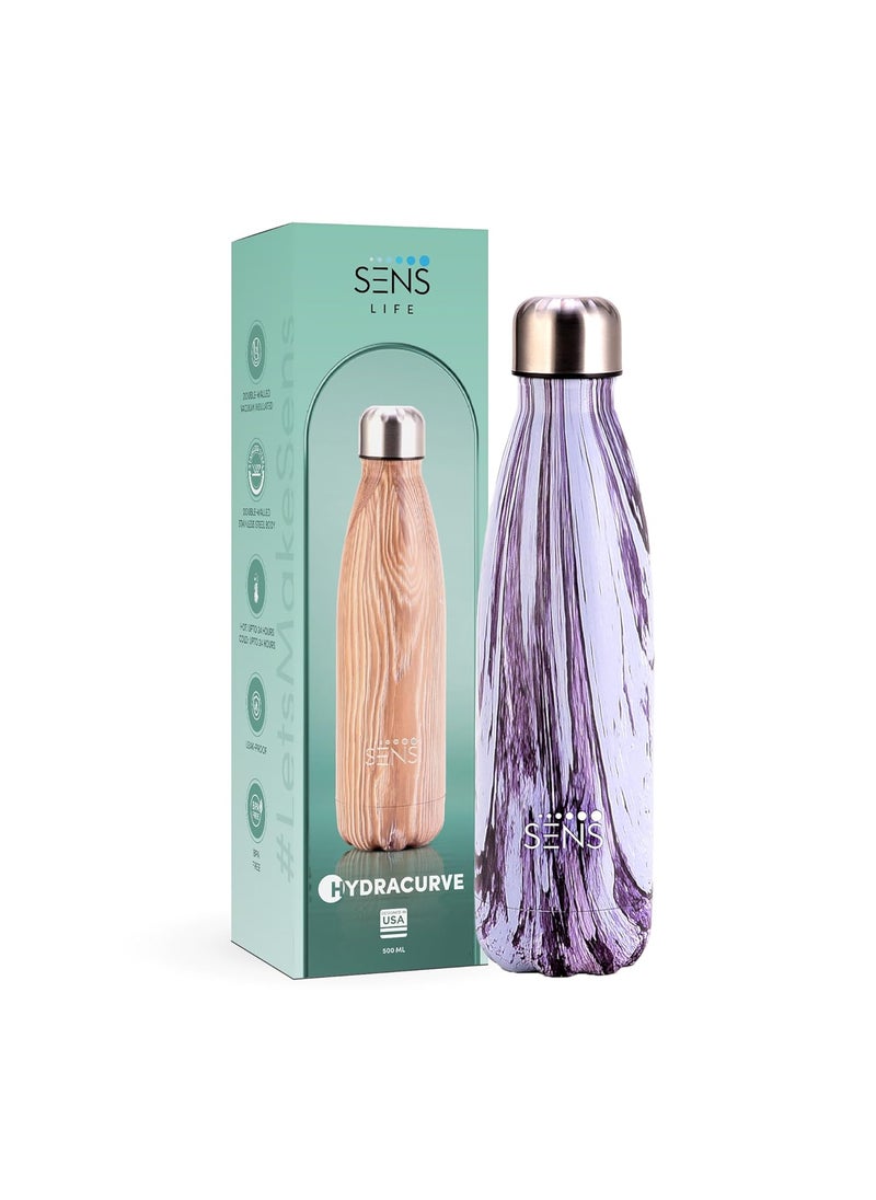 SENS LIFE HydraCurve Stainless Steel Bottle Hot or Cold up to 24 Hours Leak Proof BPA Free EcoFriendly Travel Office Home 500ml Violet Veins